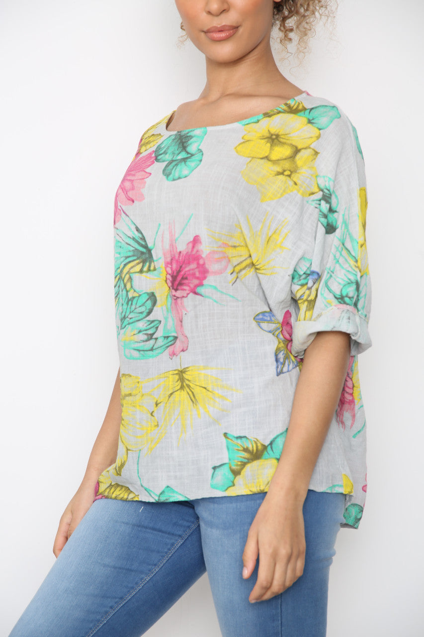 Dames Top met Kleurrijke Bloemenprint Zilver