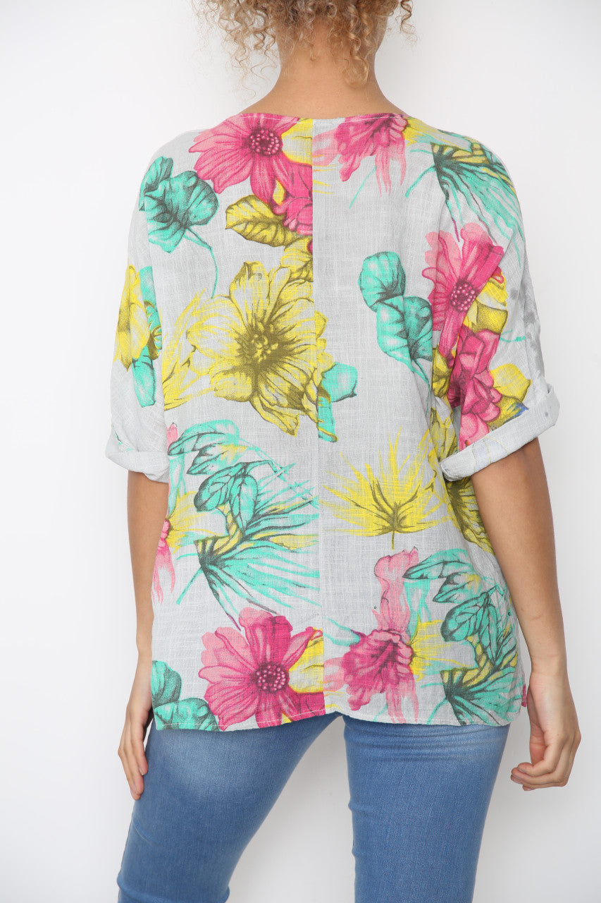 Dames Top met Kleurrijke Bloemenprint Zilver