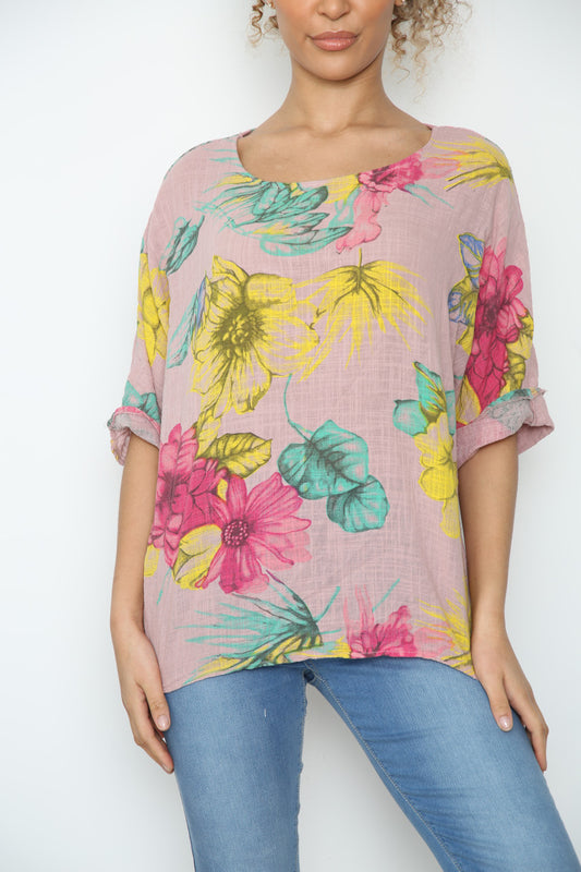 Ladies Colourful Flowers Sketch Print Top Dusty Pink