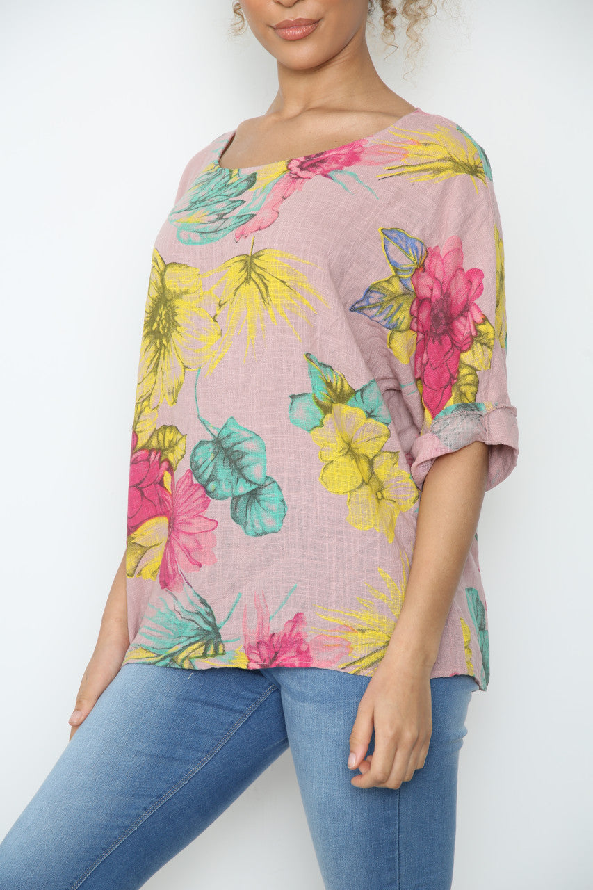 Ladies Colourful Flowers Sketch Print Top Dusty Pink