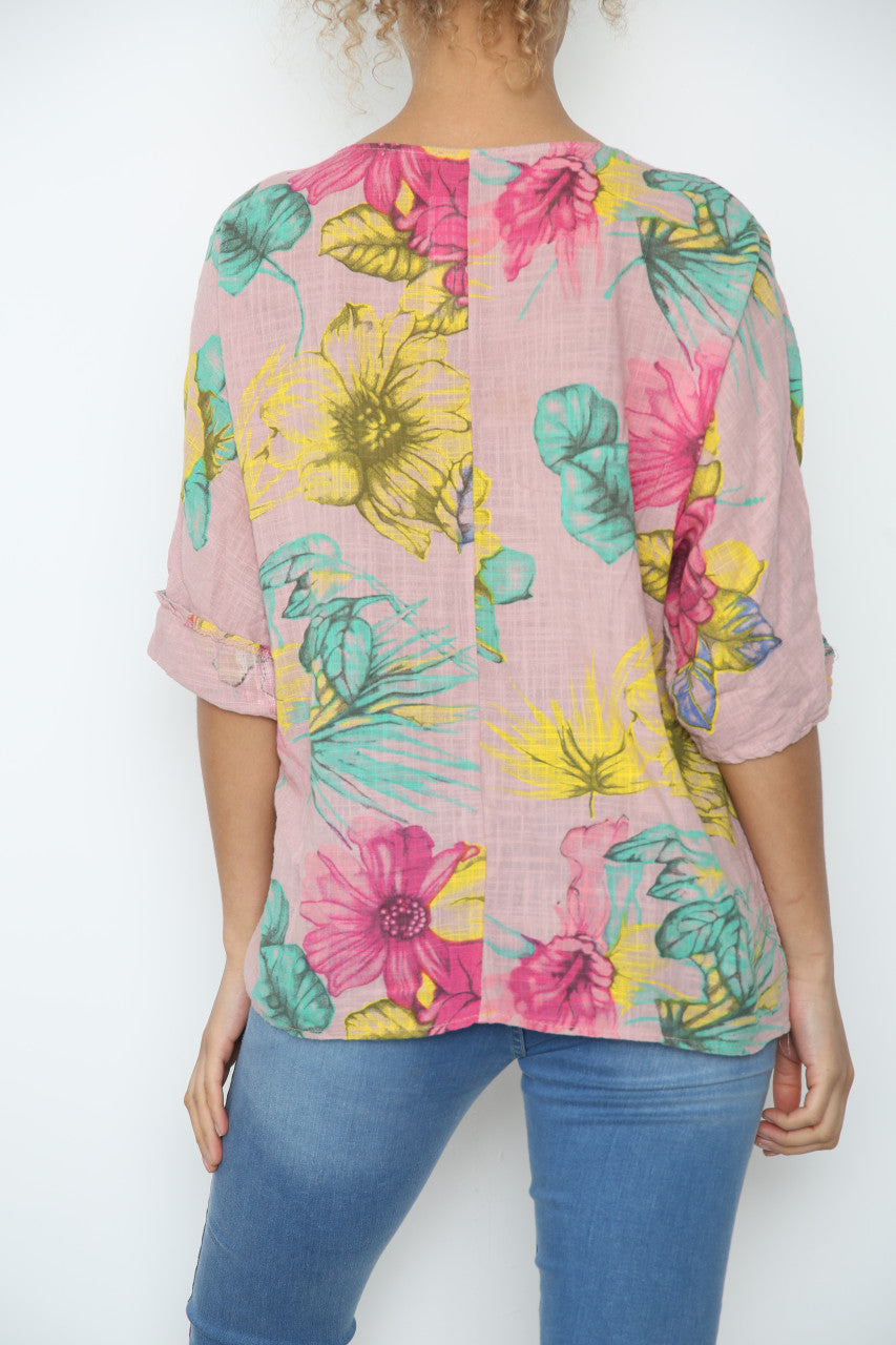Ladies Colourful Flowers Sketch Print Top Dusty Pink