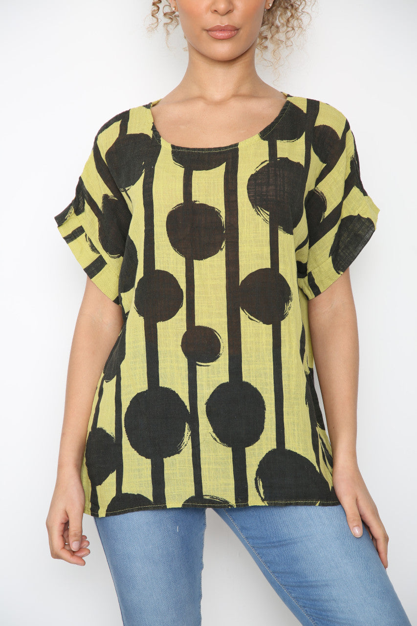 Ladies Black Circle Silhouette Print Top Lime