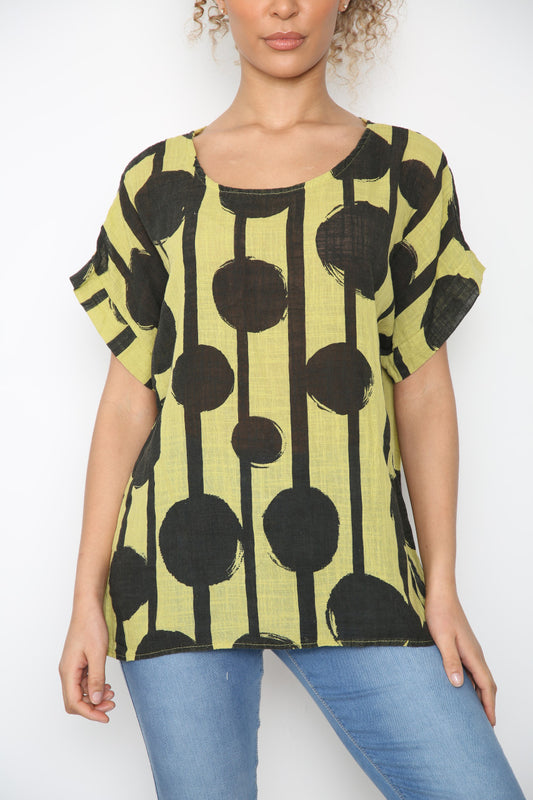 Ladies Black Circle Silhouette Print Top Lime
