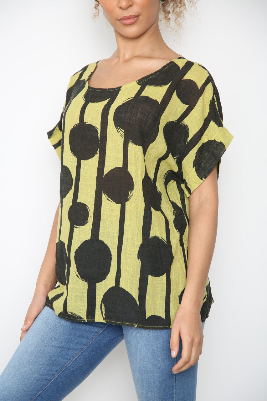 Ladies Black Circle Silhouette Print Top Lime