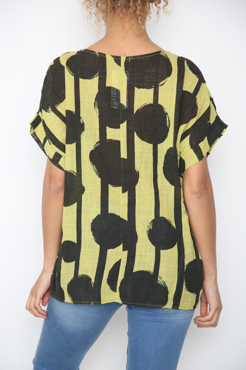Ladies Black Circle Silhouette Print Top Lime
