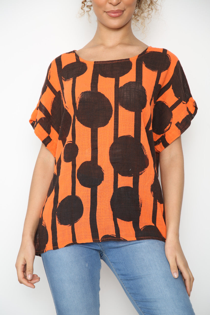 Dames Zwart Rond Silhouet Print Top Oranje