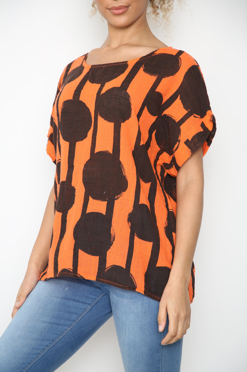 Dames Zwart Rond Silhouet Print Top Oranje