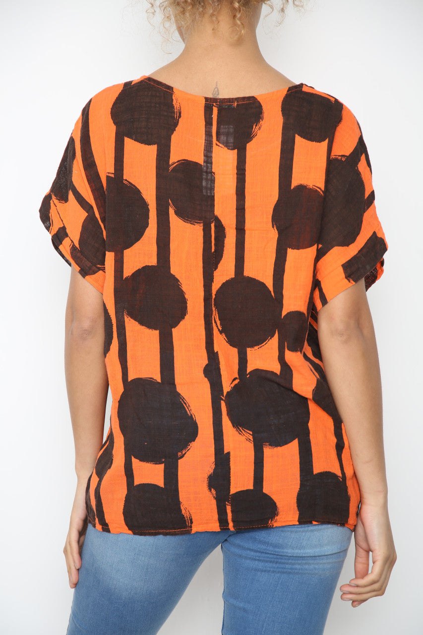 Dames Zwart Rond Silhouet Print Top Oranje