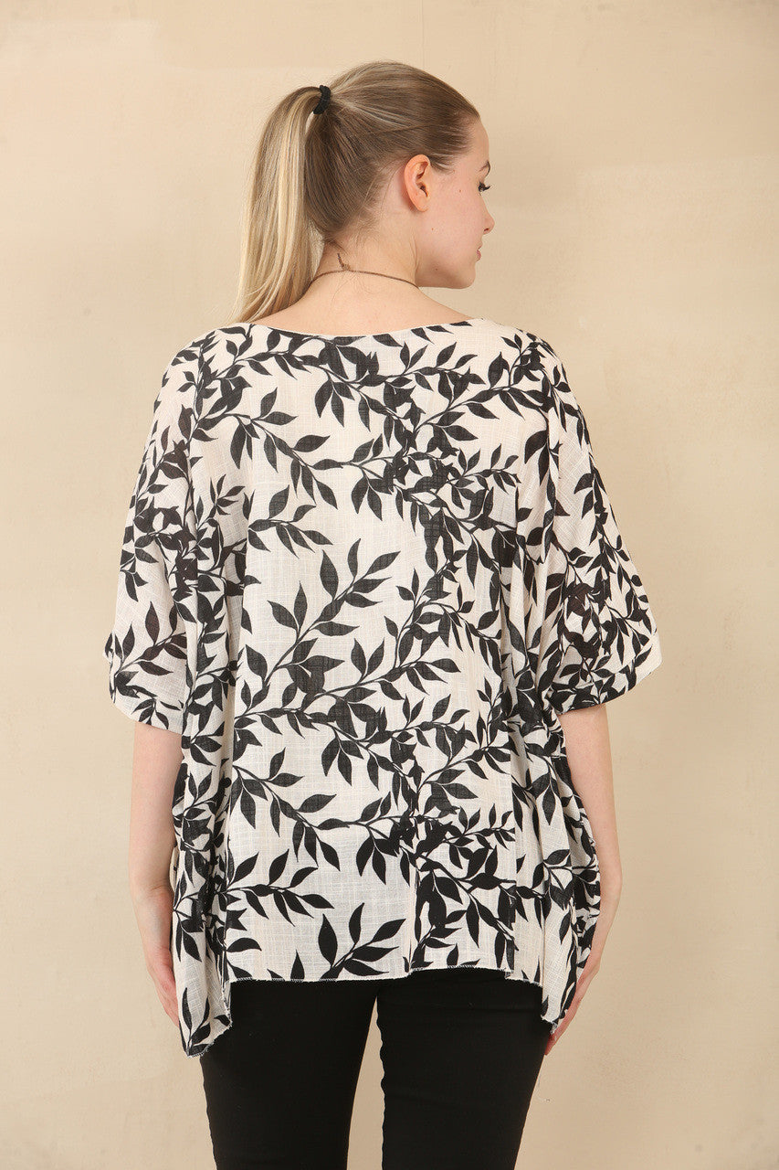 BLADERENPRINT BATWING TOP MET TEXTUUR EN KETTING - ZWART
