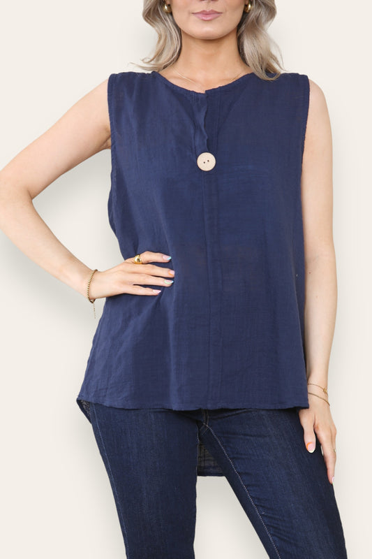 GRANDAD COLLAR BUTTON NECK SLEEVELESS VEST TOP NAVY