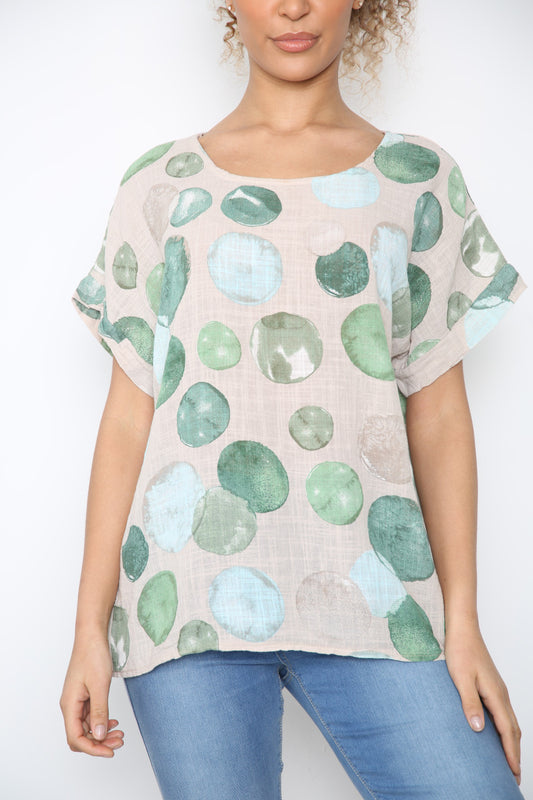 Ladies Bubbles Circles Print Top Stone