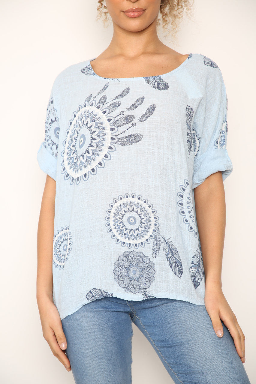 Ladies Dreamcatcher Print Top Sky Blue