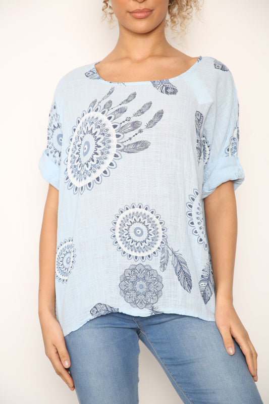 Ladies Dreamcatcher Print Top Sky Blue
