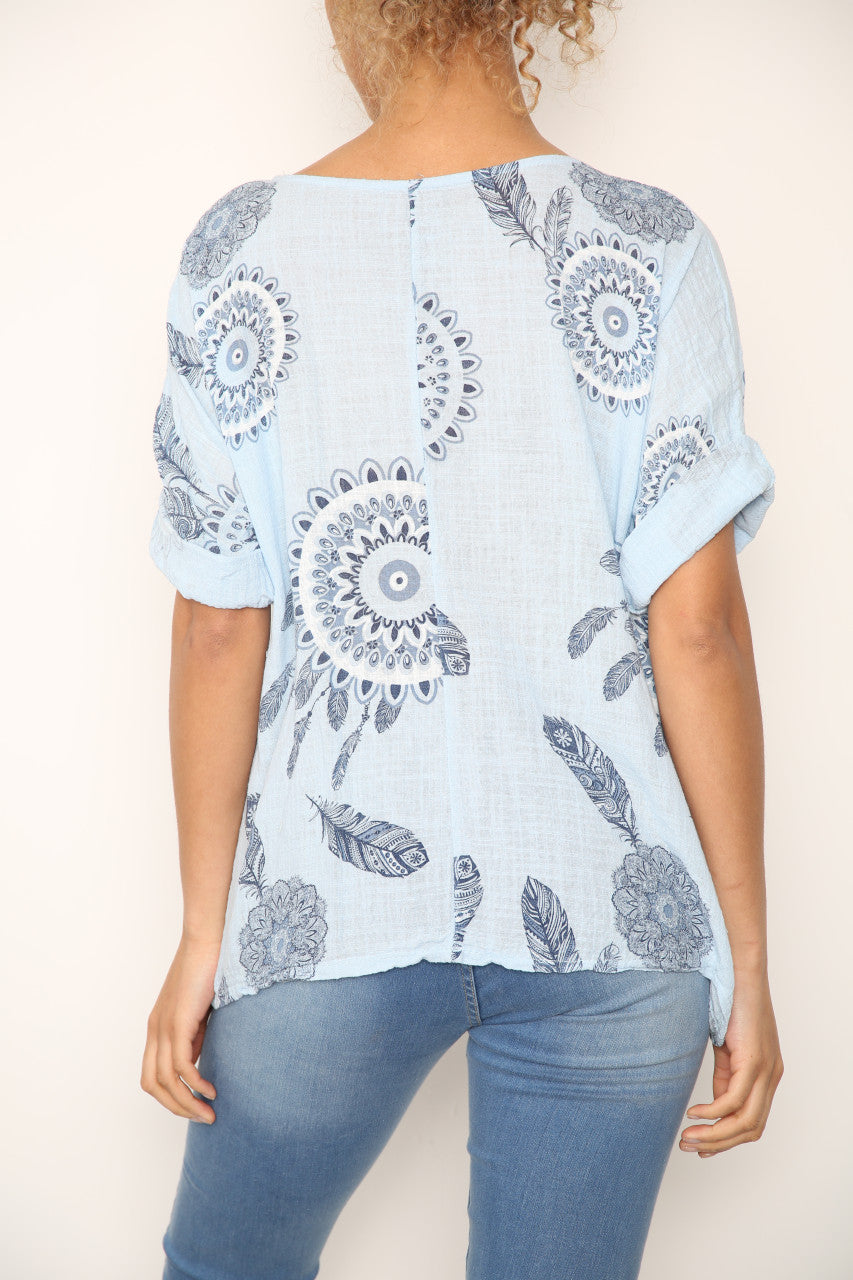 Ladies Dreamcatcher Print Top Sky Blue