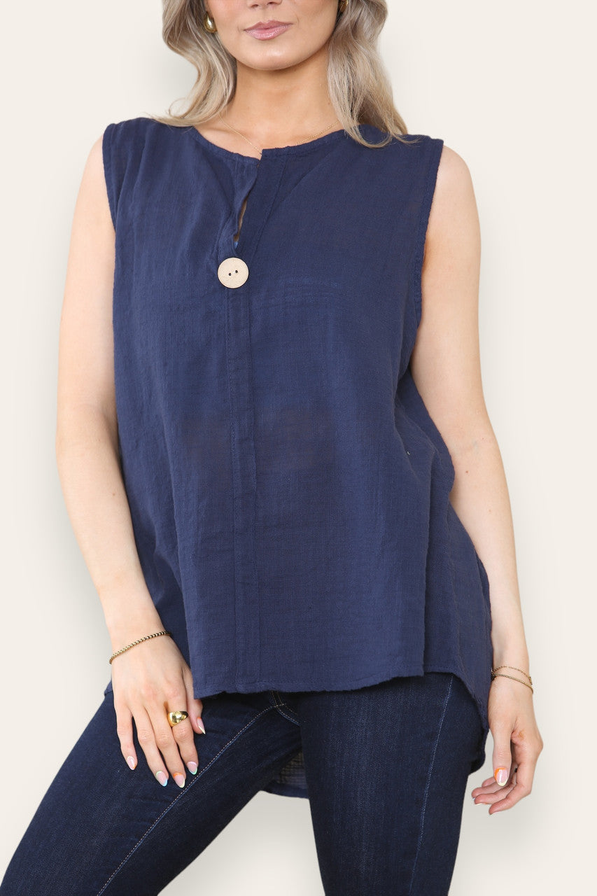 GROOTVADERKRAAG KNOPEN HALS MOUWLOOS VEST TOP NAVY