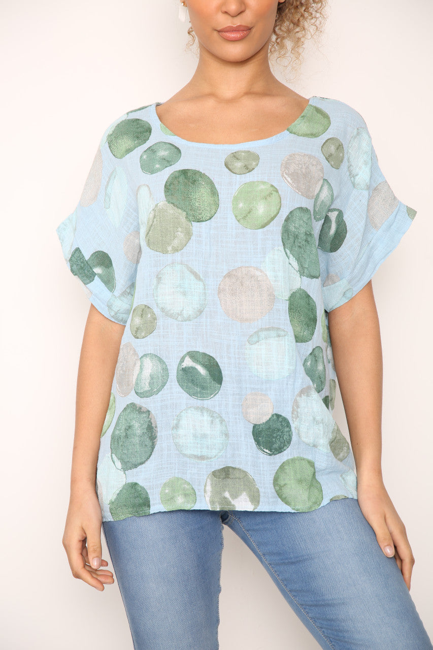 Ladies Bubbles Circles Print Top Light Blue