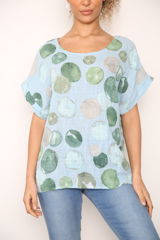 Ladies Bubbles Circles Print Top Light Blue