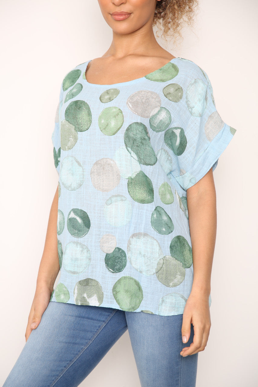 Ladies Bubbles Circles Print Top Light Blue
