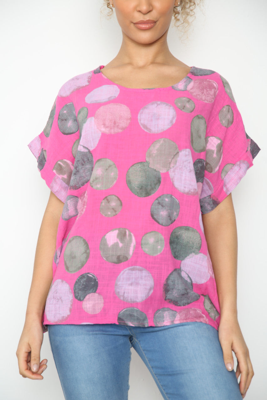 Ladies Bubbles Circles Print Top Cerise