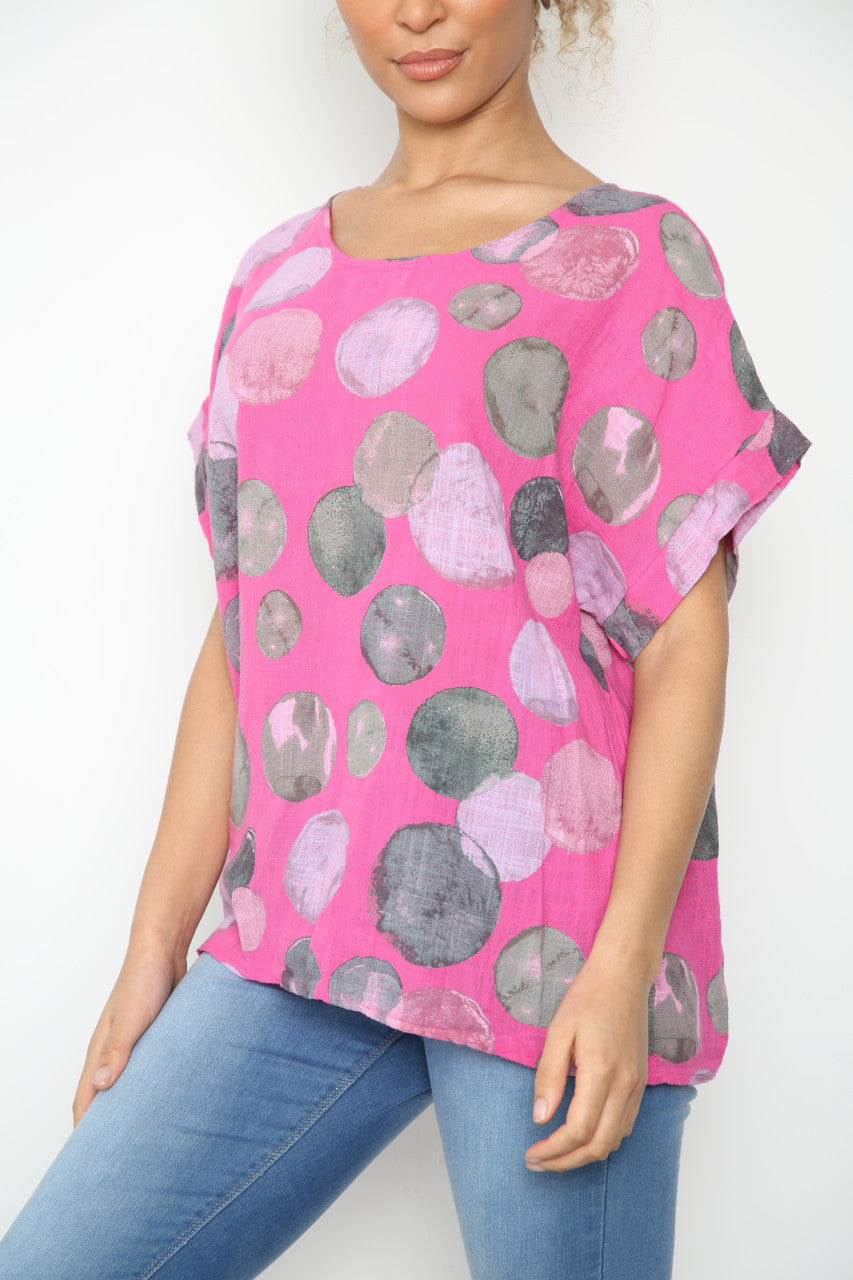 Ladies Bubbles Circles Print Top Cerise