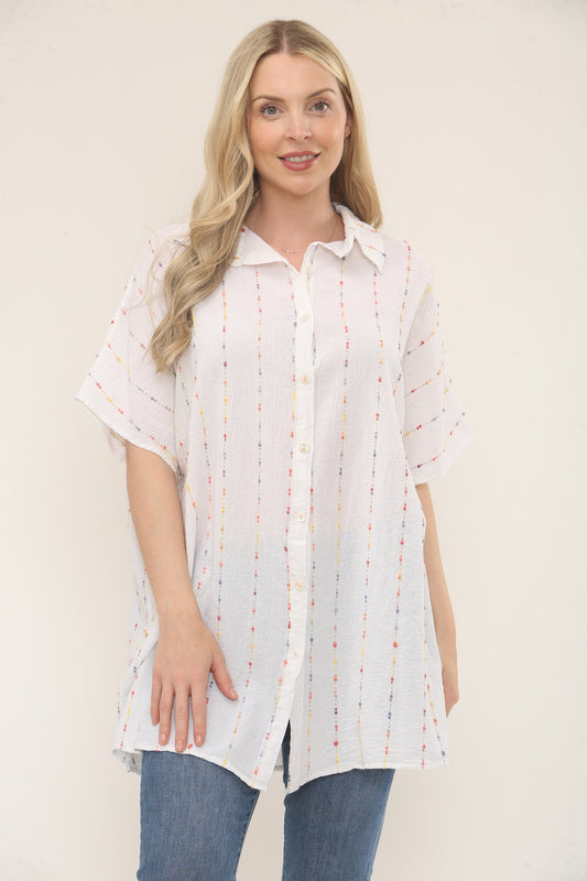 MULTICOLOUR STRIPE EMBROIDERY SHIRT - WHITE