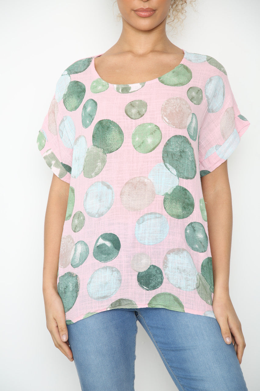 Ladies Bubbles Circles Print Top Dusty Pink