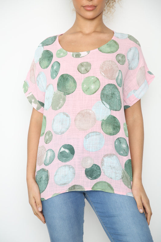 Ladies Bubbles Circles Print Top Dusty Pink