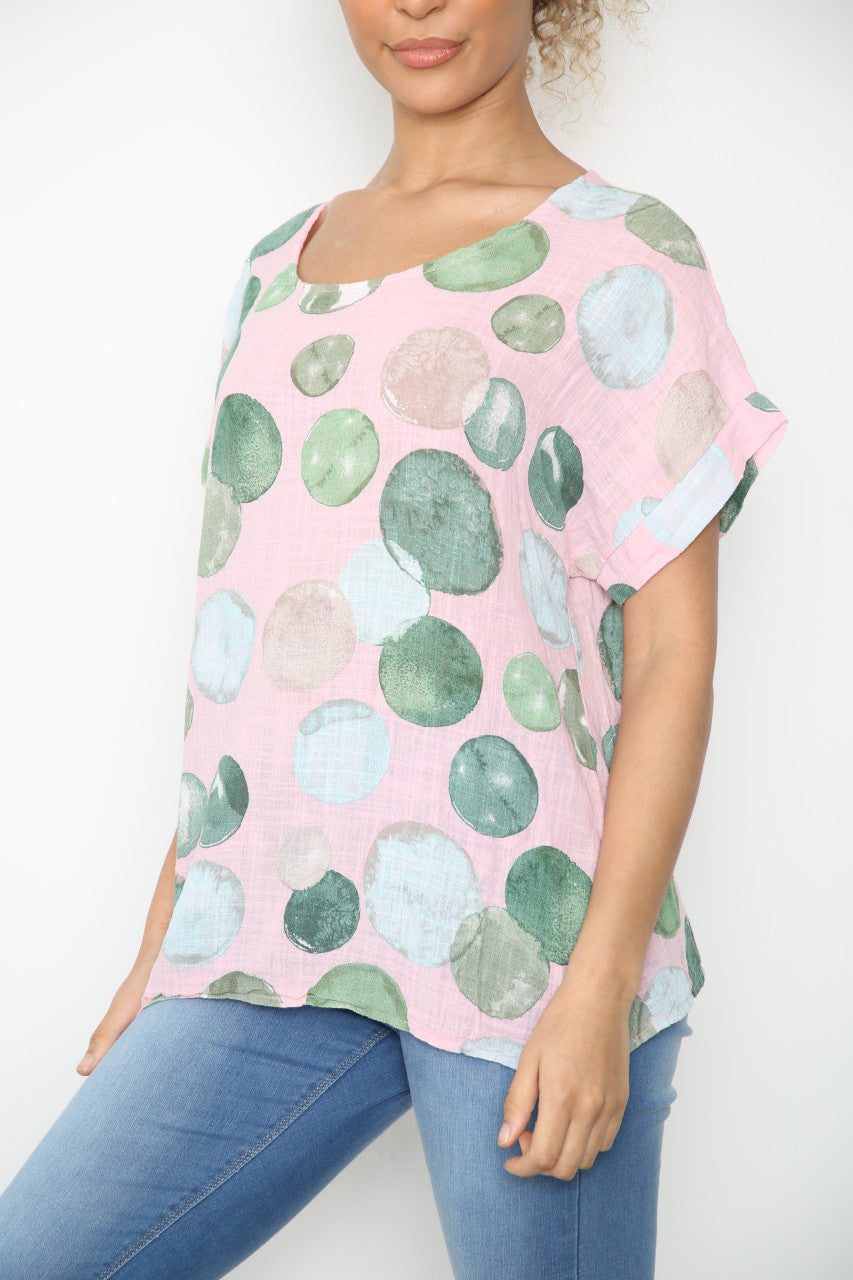 Ladies Bubbles Circles Print Top Dusty Pink