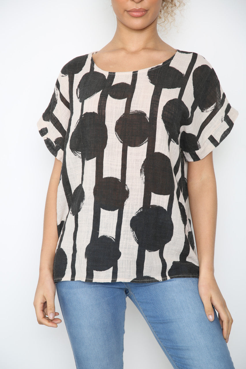 Ladies Black Circle Silhouette Print Top Stone