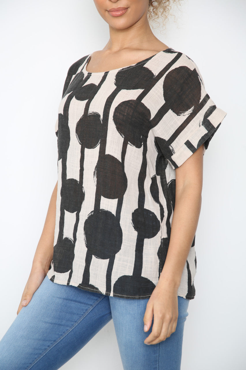 Ladies Black Circle Silhouette Print Top Stone