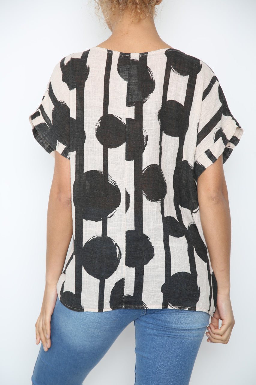 Ladies Black Circle Silhouette Print Top Stone