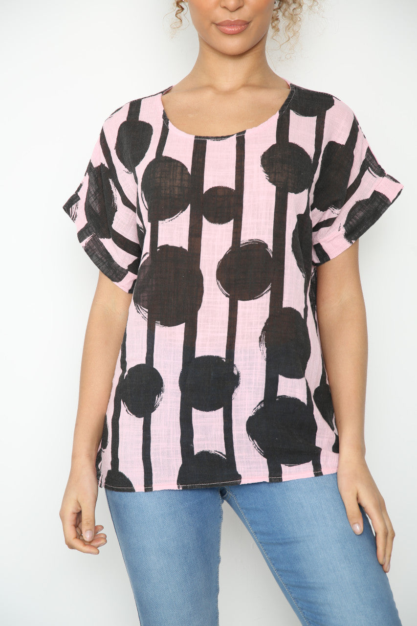 Ladies Black Circle Silhouette Print Top Dusty Pink