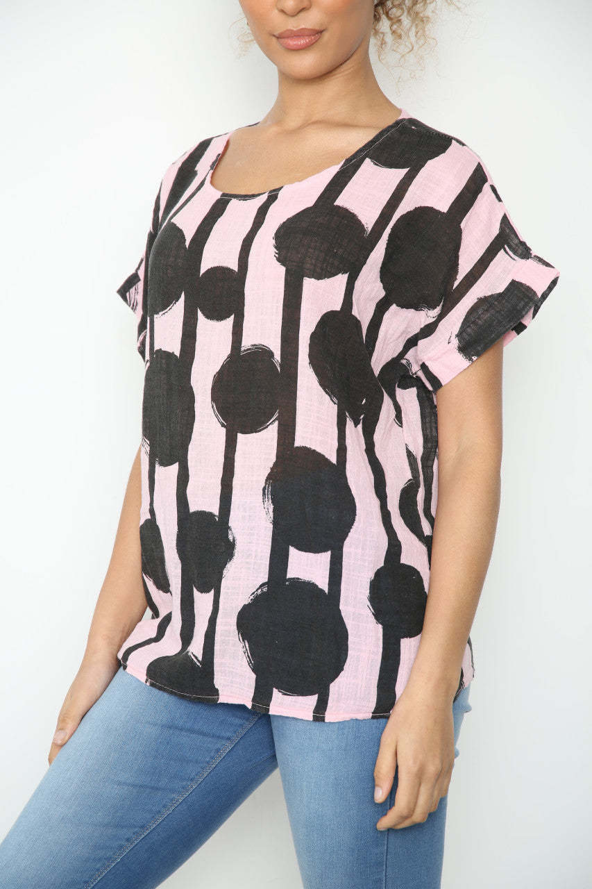 Ladies Black Circle Silhouette Print Top Dusty Pink