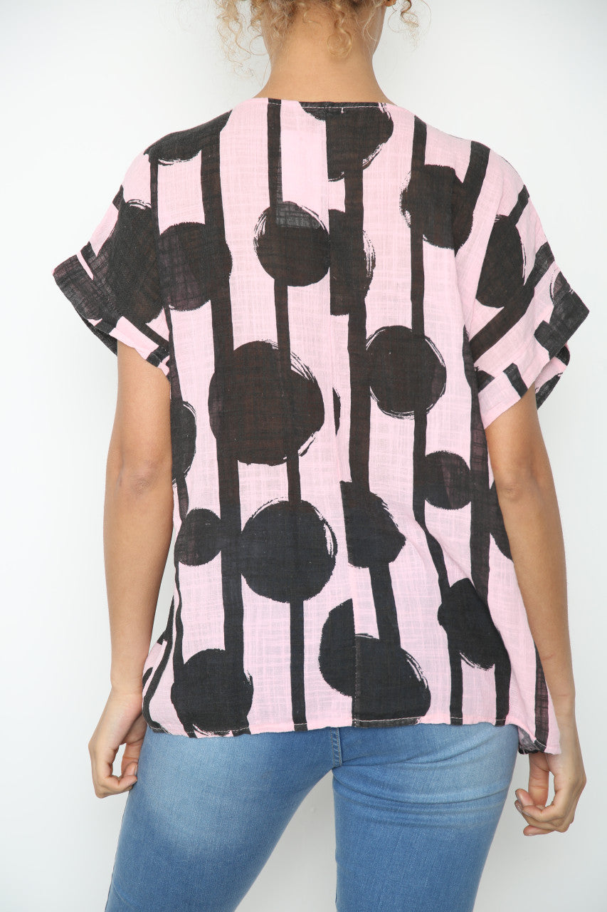 Ladies Black Circle Silhouette Print Top Dusty Pink