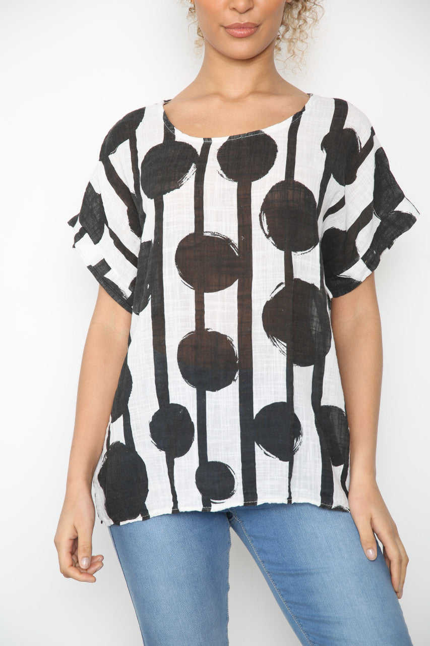 Ladies Black Circle Silhouette Print Top White