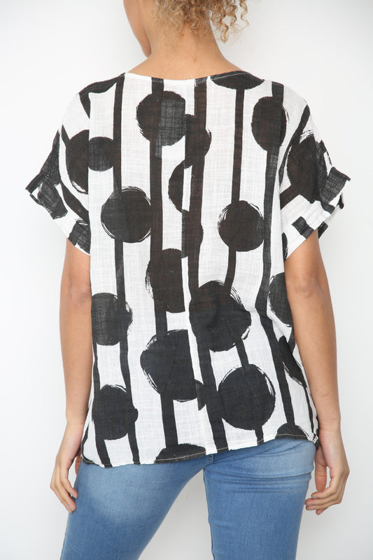 Ladies Black Circle Silhouette Print Top White