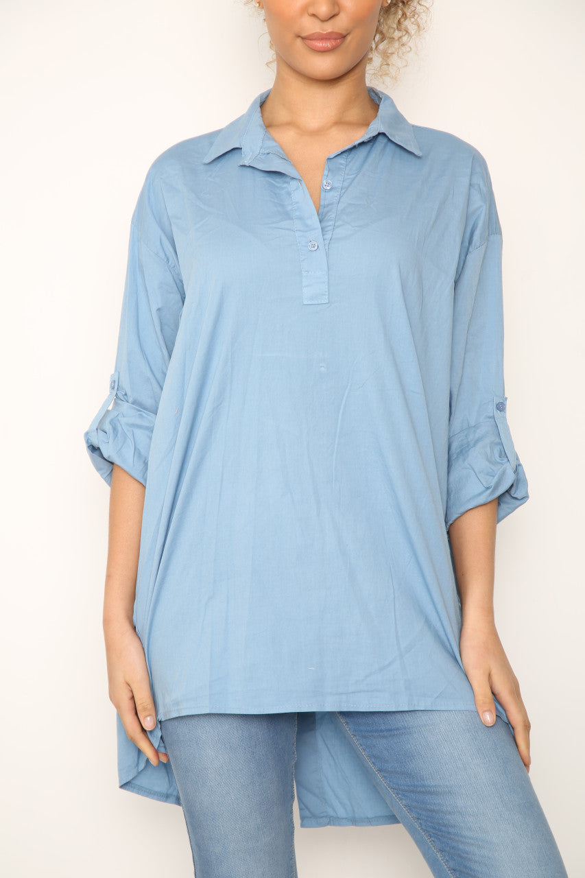 Dames Effen Shirt met Langere Achterkant Denim