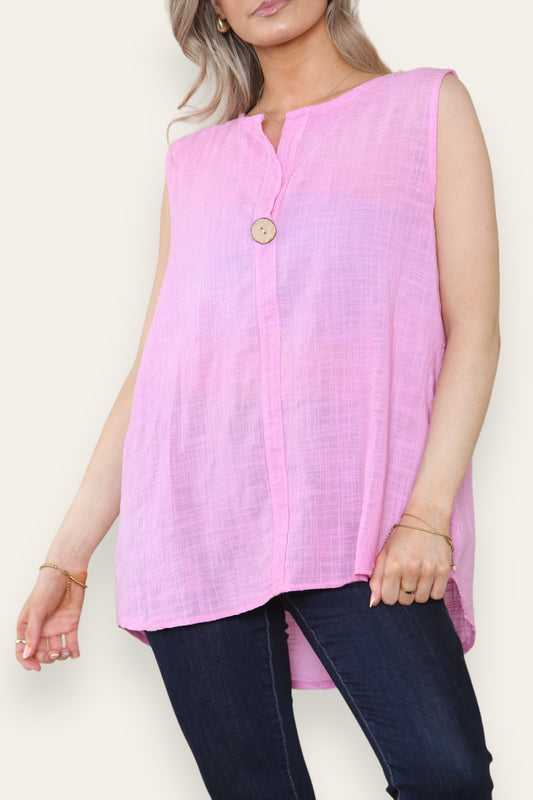 GRANDAD COLLAR BUTTON NECK SLEEVELESS VEST TOP PINK