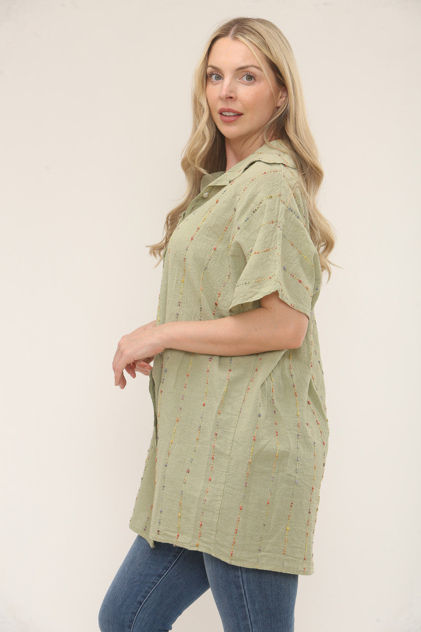 MULTICOLOUR STRIPE EMBROIDERY SHIRT - SAGE GREEN