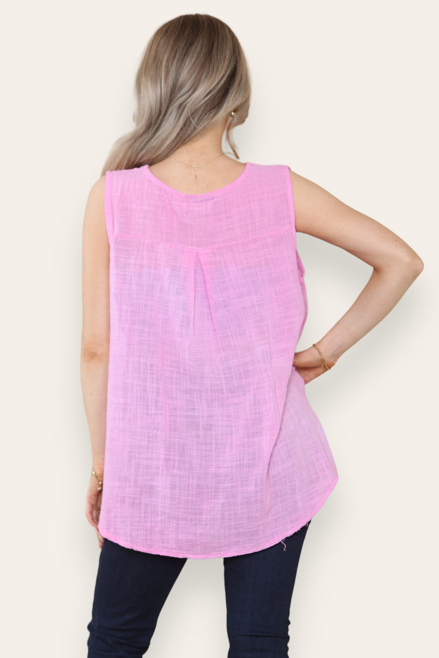 GROOTVADER KRAAG KNOP HALS MOUWLOOS VEST TOP ROZE