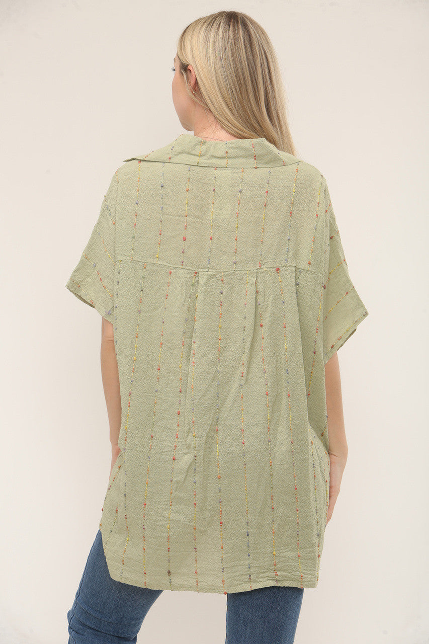 MULTICOLOUR STRIPE EMBROIDERY SHIRT - SAGE GREEN