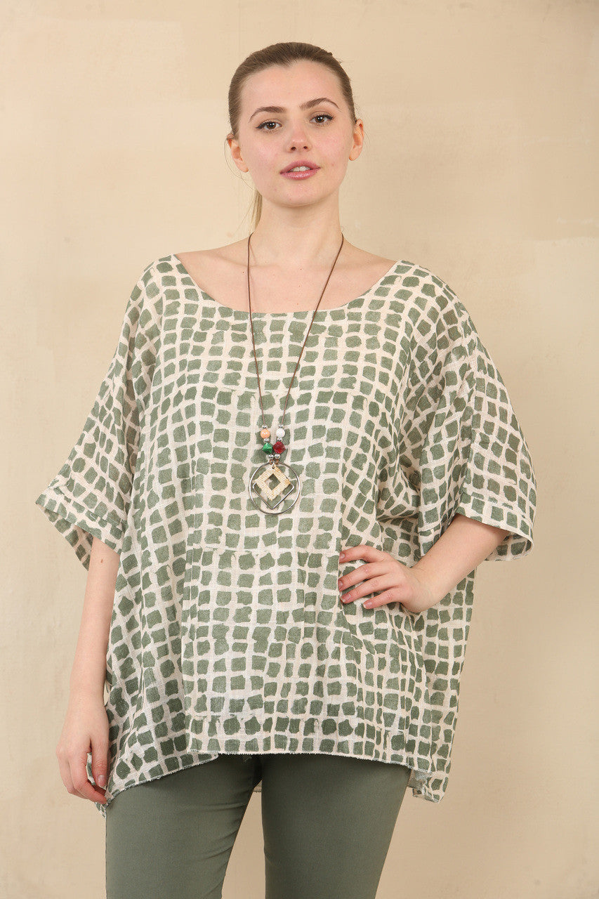 VIERKANTEN PRINT GESTRUCTUREERDE VLEERMUIZENTOP MET KETTING - KHAKI