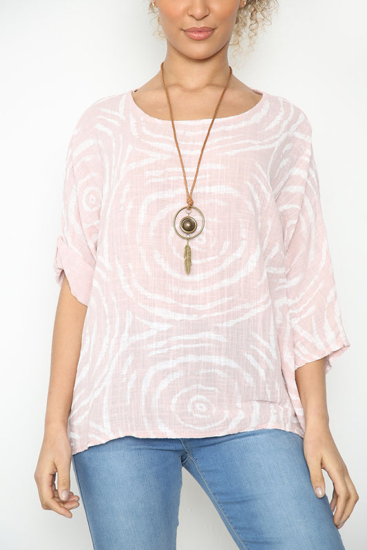 Ladies Water Ripple Print Top Dusty Pink
