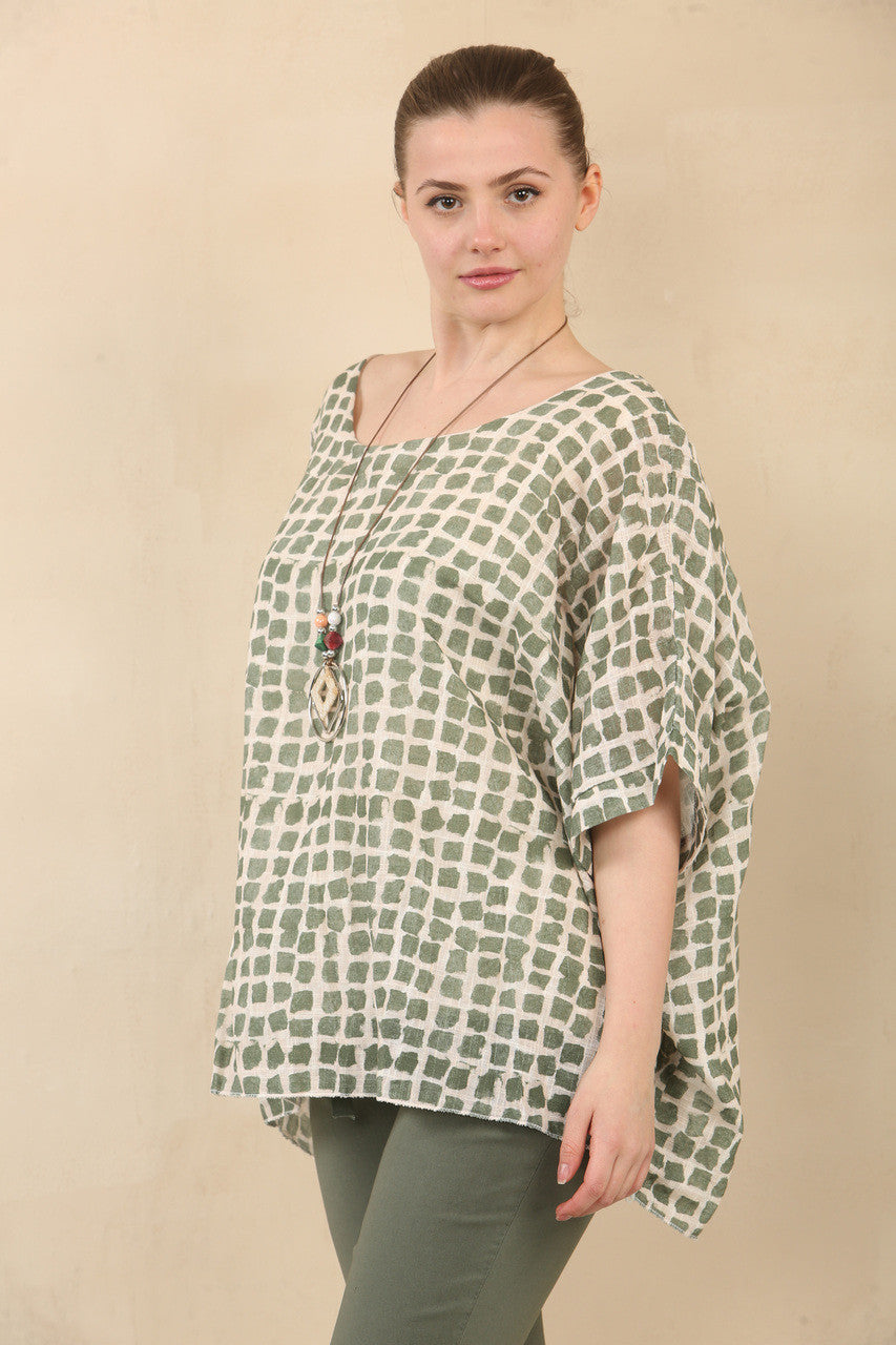 VIERKANTEN PRINT GESTRUCTUREERDE VLEERMUIZENTOP MET KETTING - KHAKI