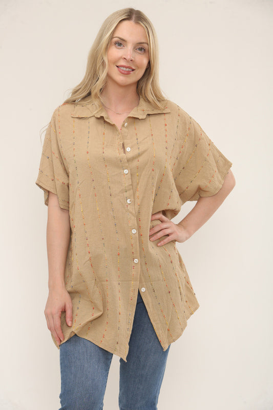 MULTICOLOUR STRIPE EMBROIDERY SHIRT - CAMEL