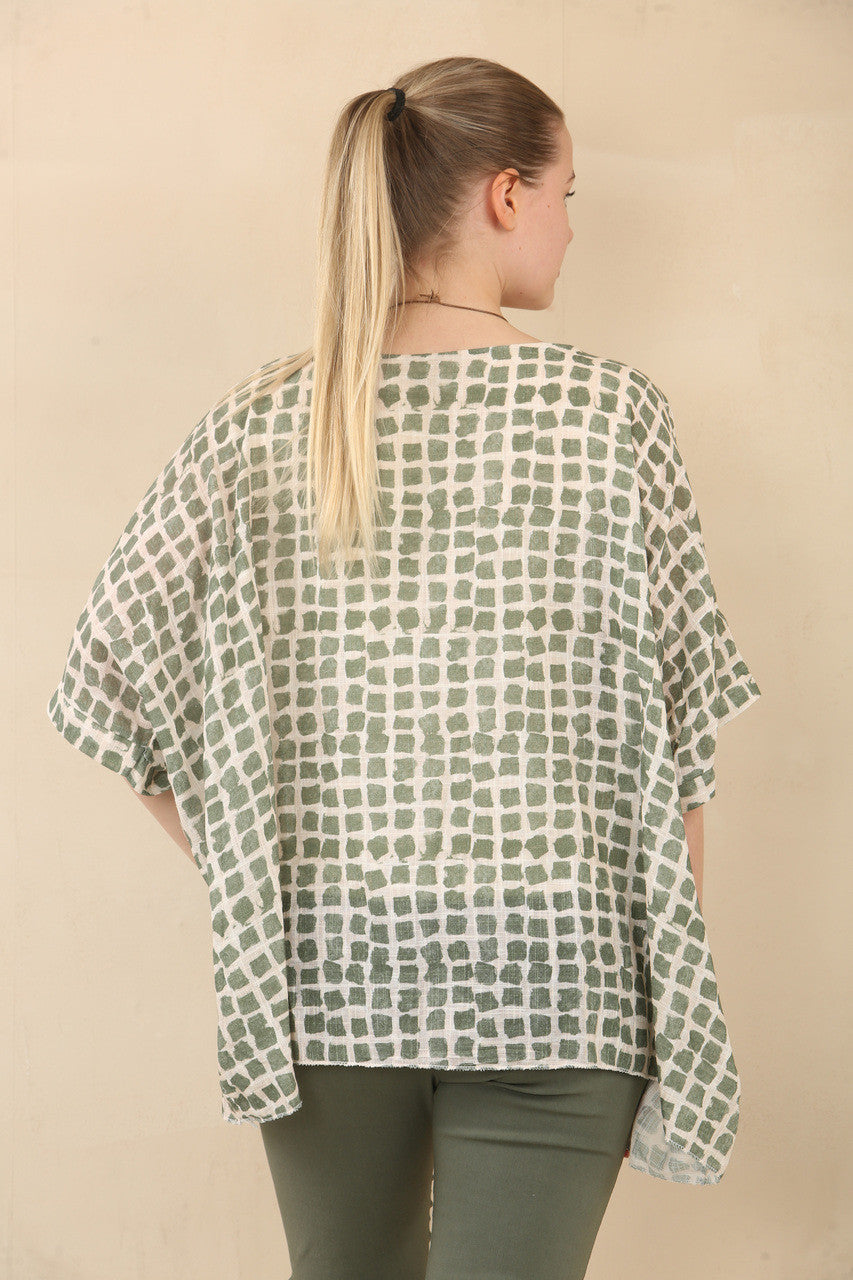 VIERKANTEN PRINT GESTRUCTUREERDE VLEERMUIZENTOP MET KETTING - KHAKI