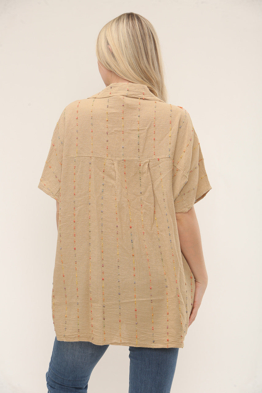 MEERKLEURIGE STREEPBORDUUROVERHEMD - CAMEL