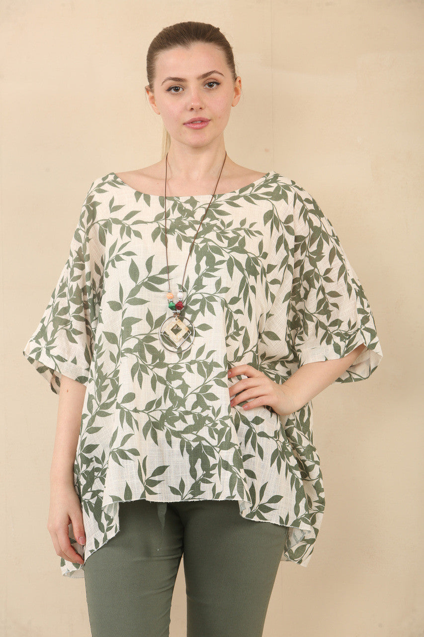 BATWING TOP MET BLAADJESPRINT EN HALSBAND - KAKI