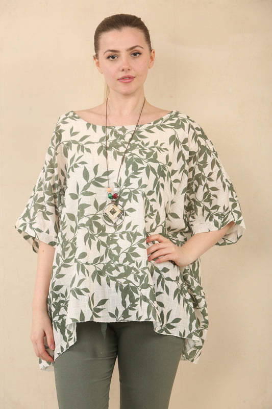LEAF PRINT TEXTURED BATWING TOP WITH NECKLACE - KHAKI