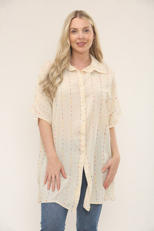 MULTICOLOUR STRIPE EMBROIDERY SHIRT - CREAM